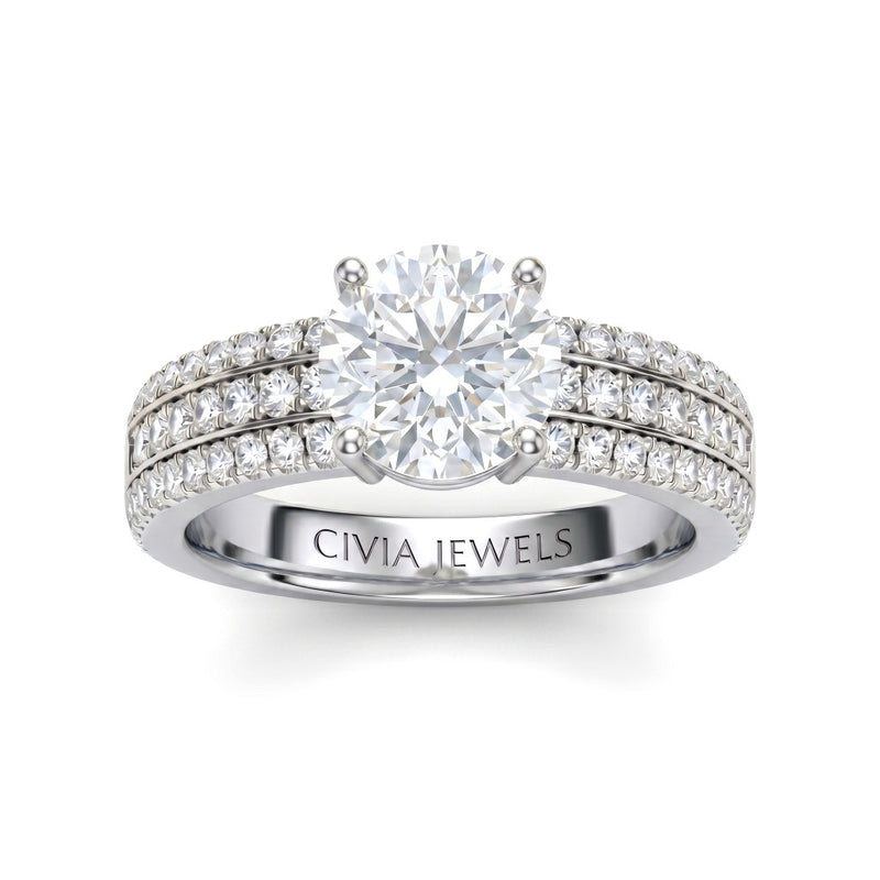 Silver Round Diamond Engagement Ring With Triple Pavé Band