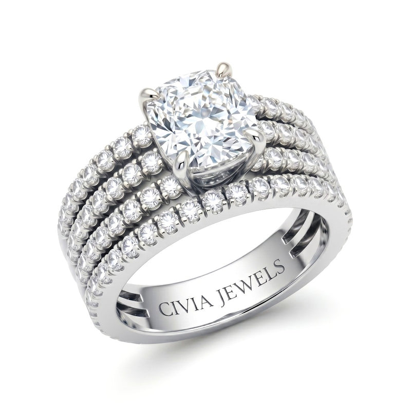 Silver Cushion Diamond Engagement Ring With Multirow Pavé Band