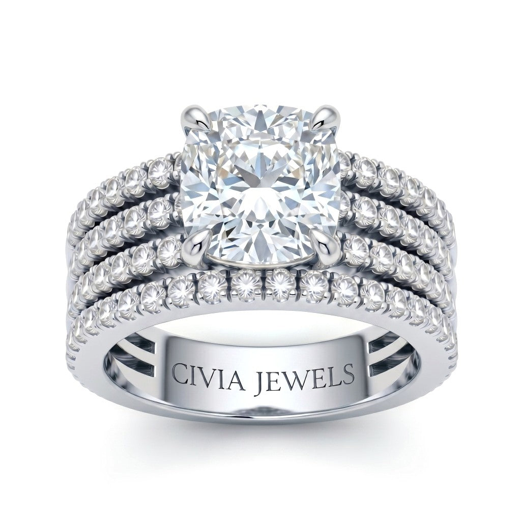 White Gold Cushion Diamond Engagement Ring With Multirow Pavé Band