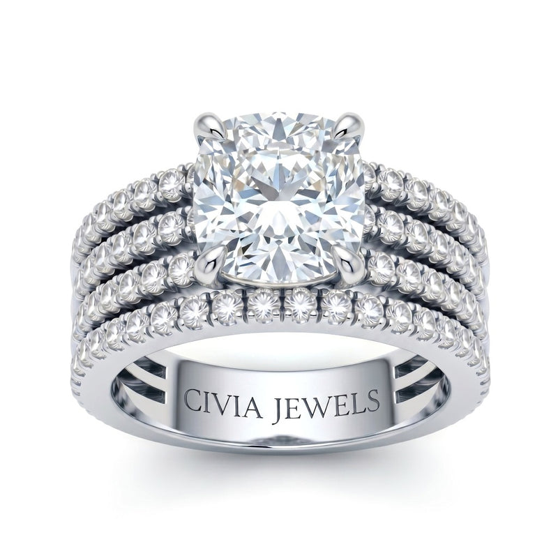 Silver Cushion Diamond Engagement Ring With Multirow Pavé Band