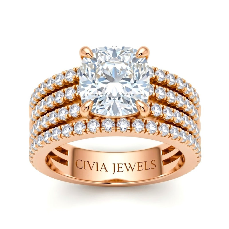 Rose Gold Cushion Diamond Engagement Ring With Multirow Pavé Band