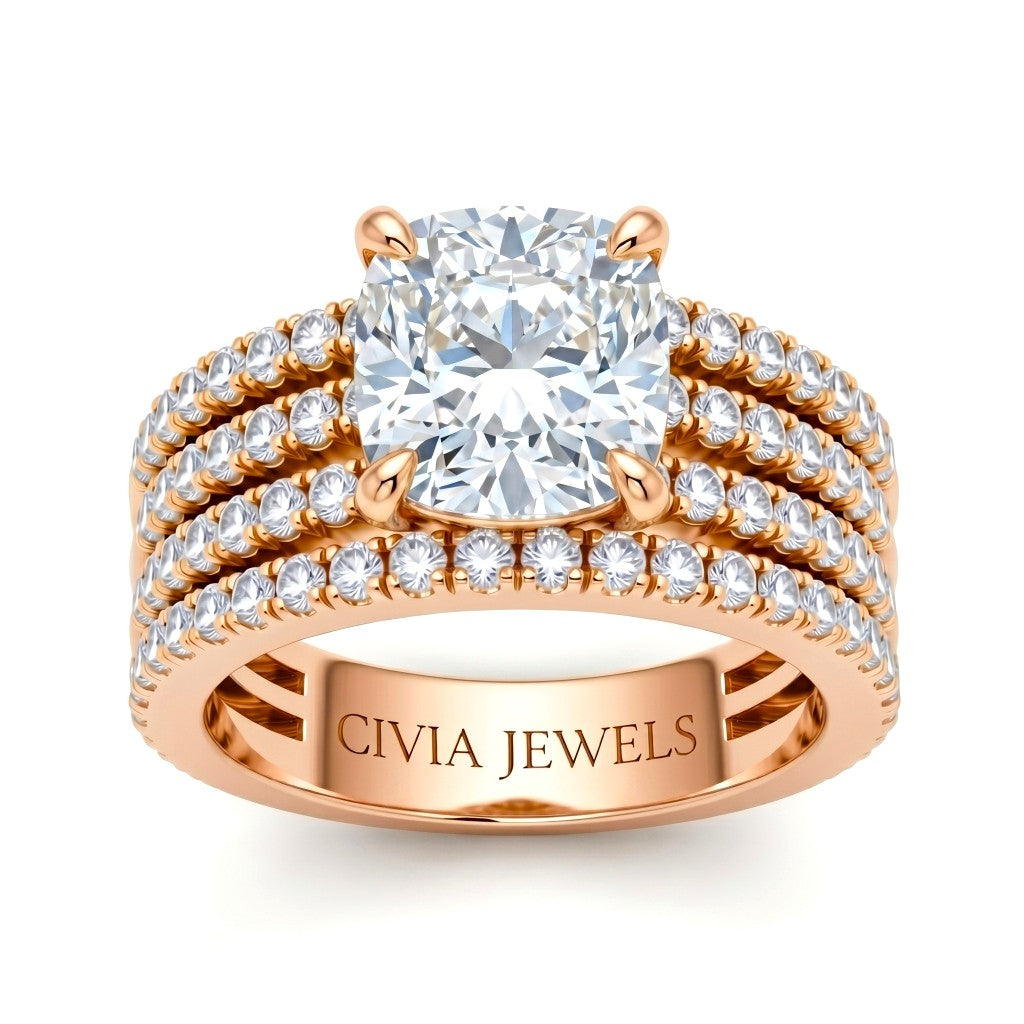 Rose Gold Cushion Diamond Engagement Ring With Multirow Pavé Band