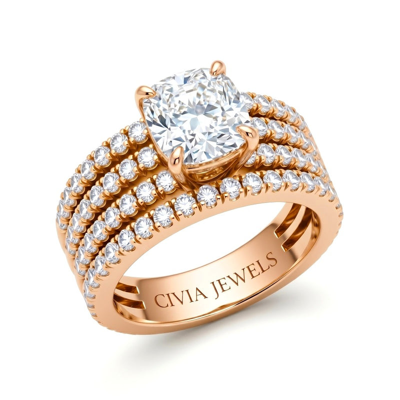 Rose Gold Cushion Diamond Engagement Ring With Multirow Pavé Band