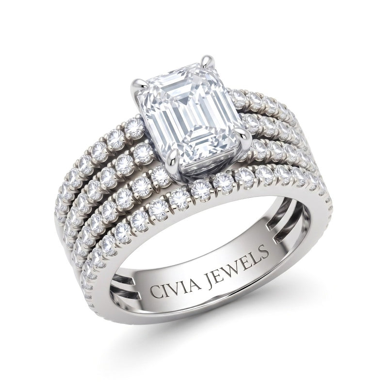 Silver Emerald Diamond Engagement Ring With Multirow Pavé Band