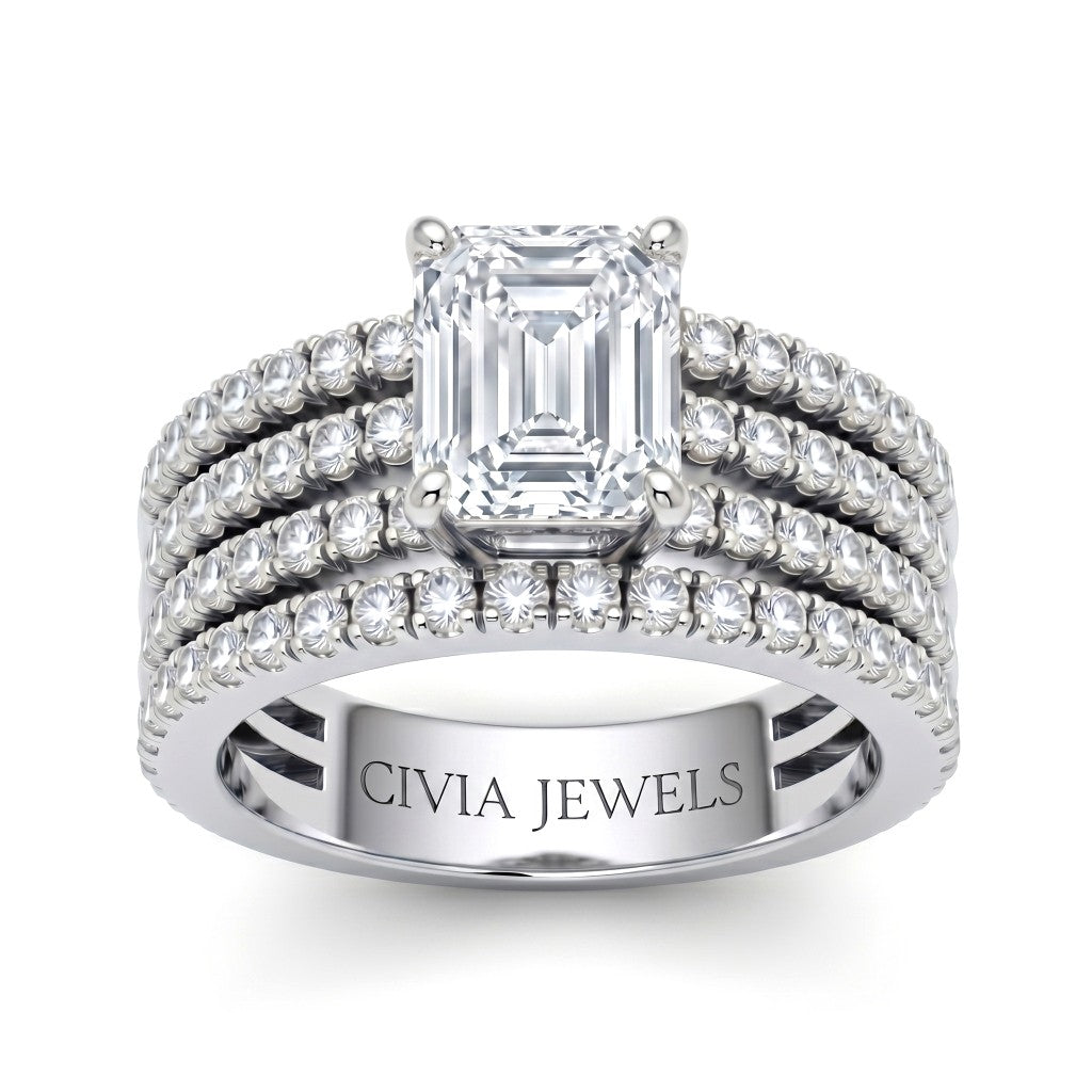 White Gold Emerald Diamond Engagement Ring With Multirow Pavé Band