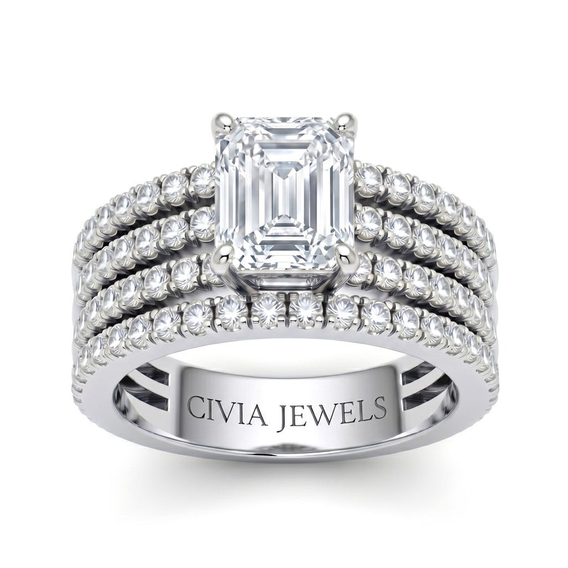 Silver Emerald Diamond Engagement Ring With Multirow Pavé Band
