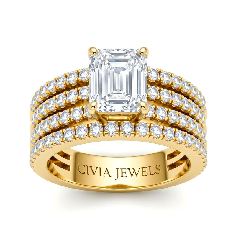 Yellow Gold Emerald Diamond Engagement Ring With Multirow Pavé Band