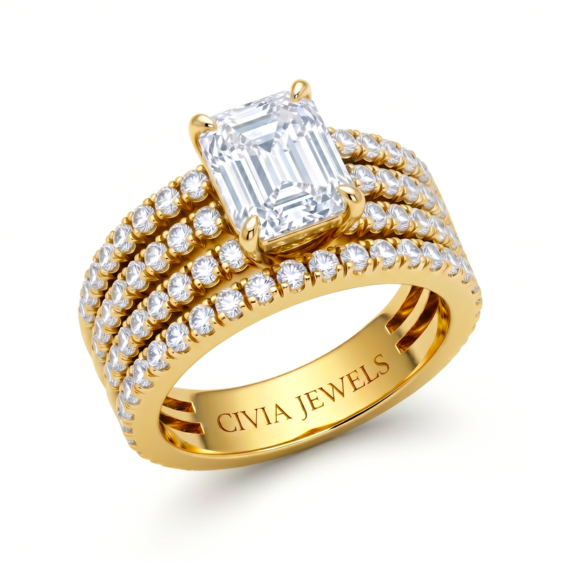 Yellow Gold Emerald Diamond Engagement Ring With Multirow Pavé Band