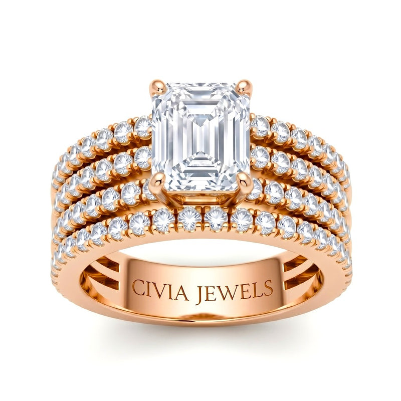 Rose Gold Emerald Diamond Engagement Ring With Multirow Pavé Band