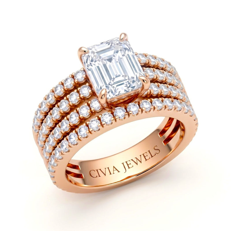 Rose Gold Emerald Diamond Engagement Ring With Multirow Pavé Band