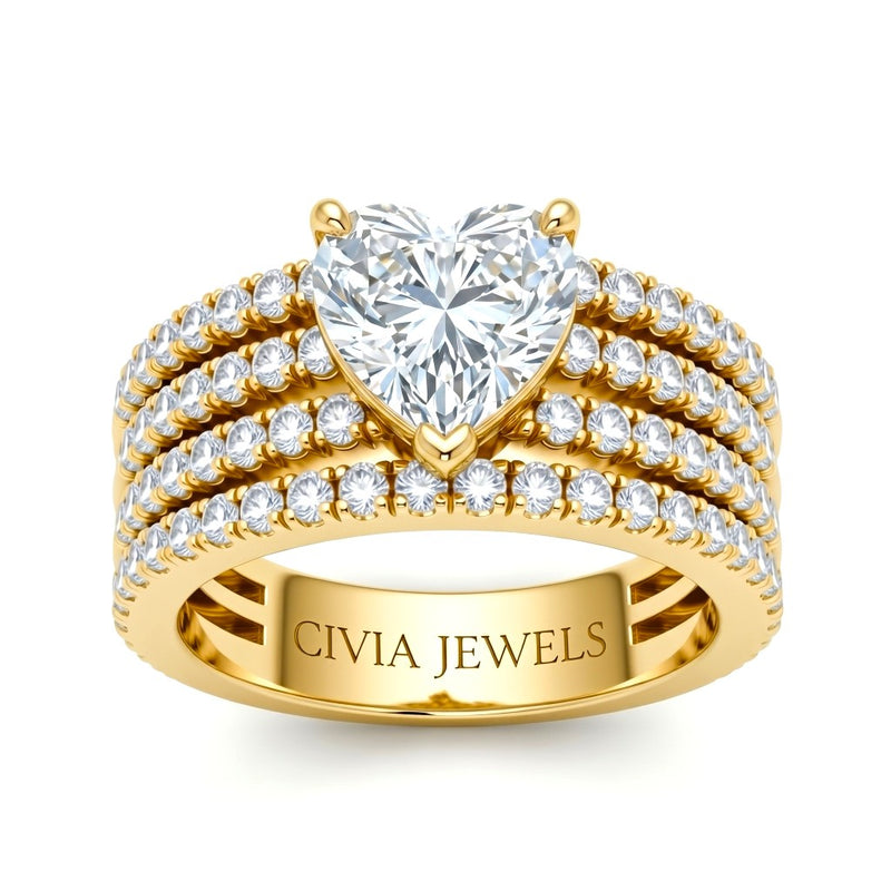 Yellow Gold Heart Diamond Engagement Ring With Multirow Pavé Band