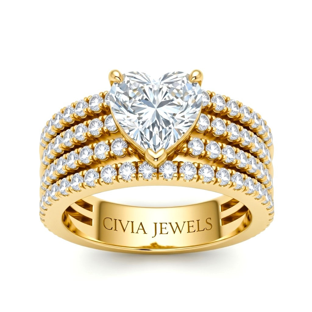 Yellow Gold Heart Diamond Engagement Ring With Multirow Pavé Band