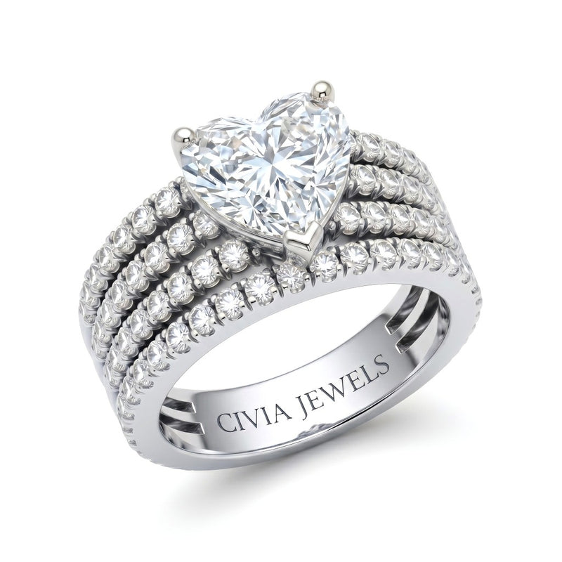 Silver Heart Diamond Engagement Ring With Multirow Pavé Band