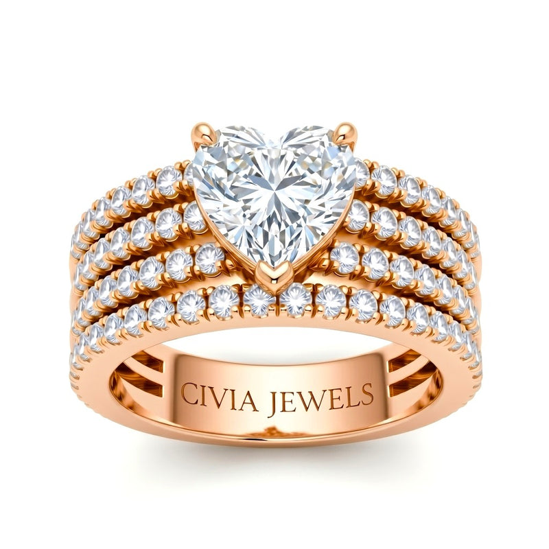 Rose Gold Heart Diamond Engagement Ring With Multirow Pavé Band