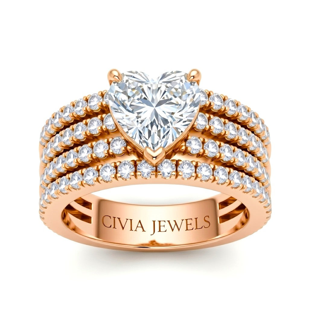 Rose Gold Heart Diamond Engagement Ring With Multirow Pavé Band
