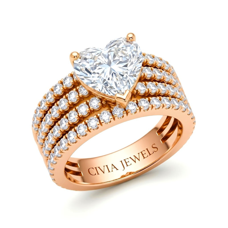 Rose Gold Heart Diamond Engagement Ring With Multirow Pavé Band