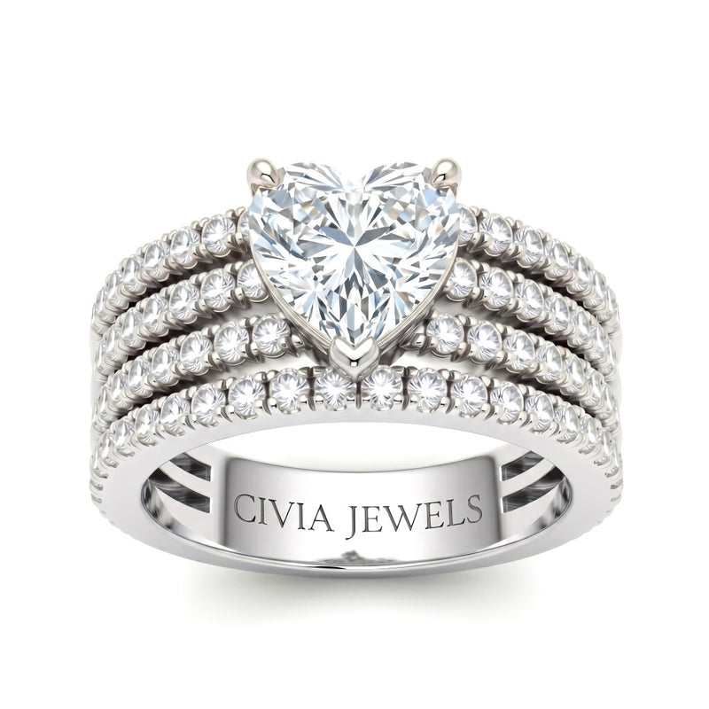 White Gold Heart Diamond Engagement Ring With Multirow Pavé Band