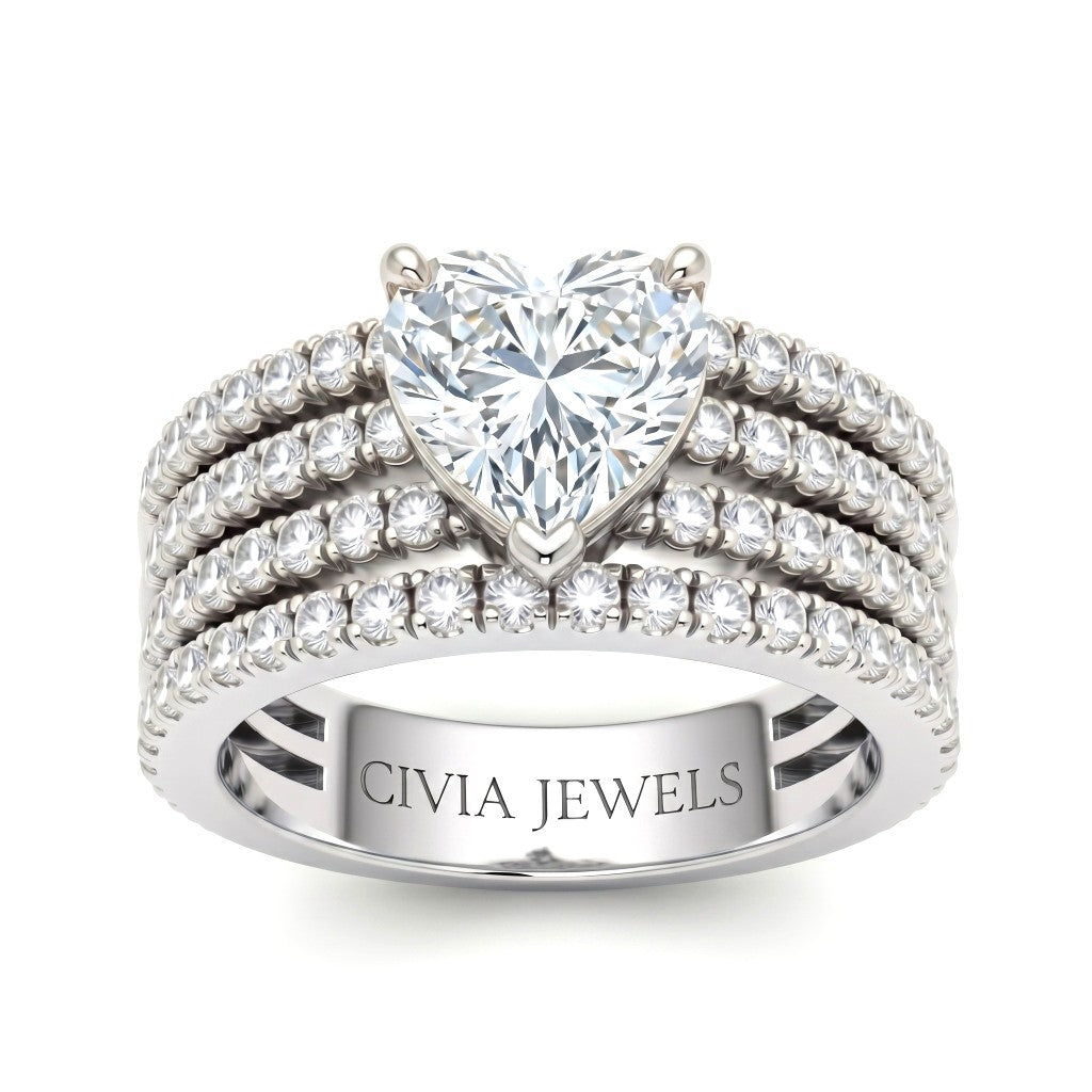 White Gold Heart Diamond Engagement Ring With Multirow Pavé Band