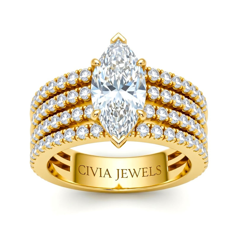 Yellow Gold Marquise Diamond Engagement Ring With Multirow Pavé Band