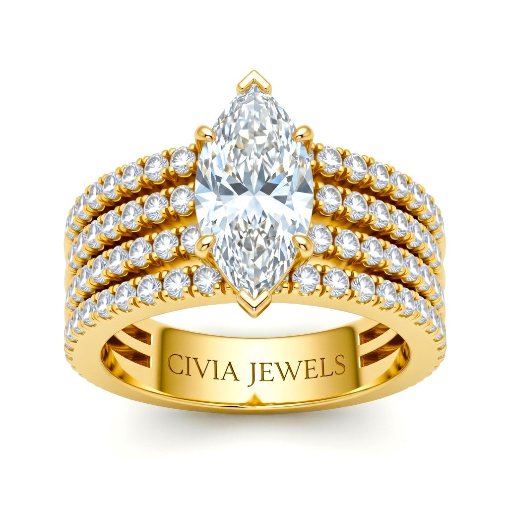 Yellow Gold Marquise Diamond Engagement Ring With Multirow Pavé Band