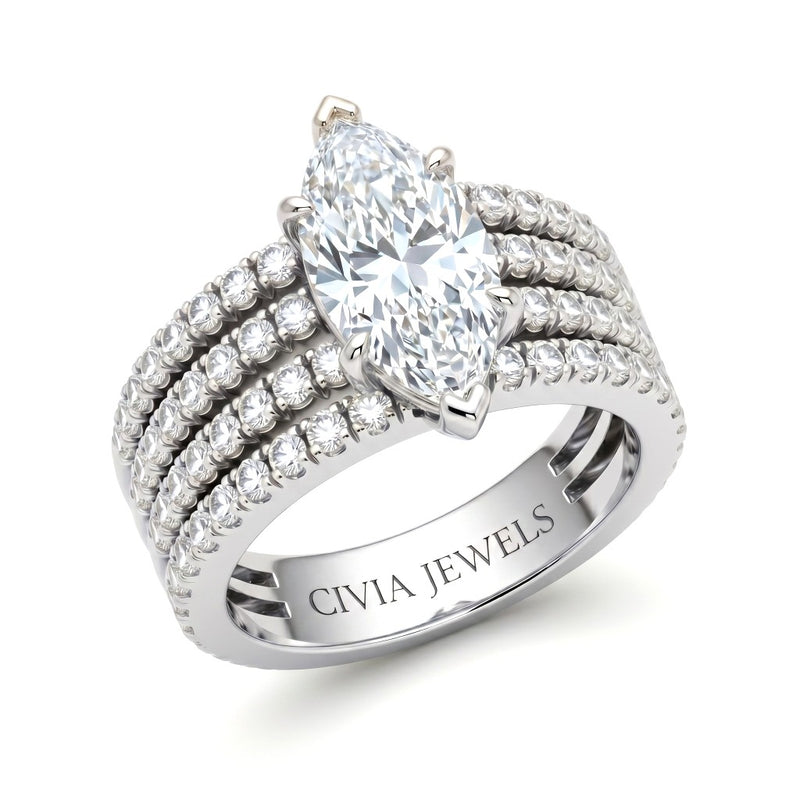 Silver Marquise Diamond Engagement Ring With Multirow Pavé Band