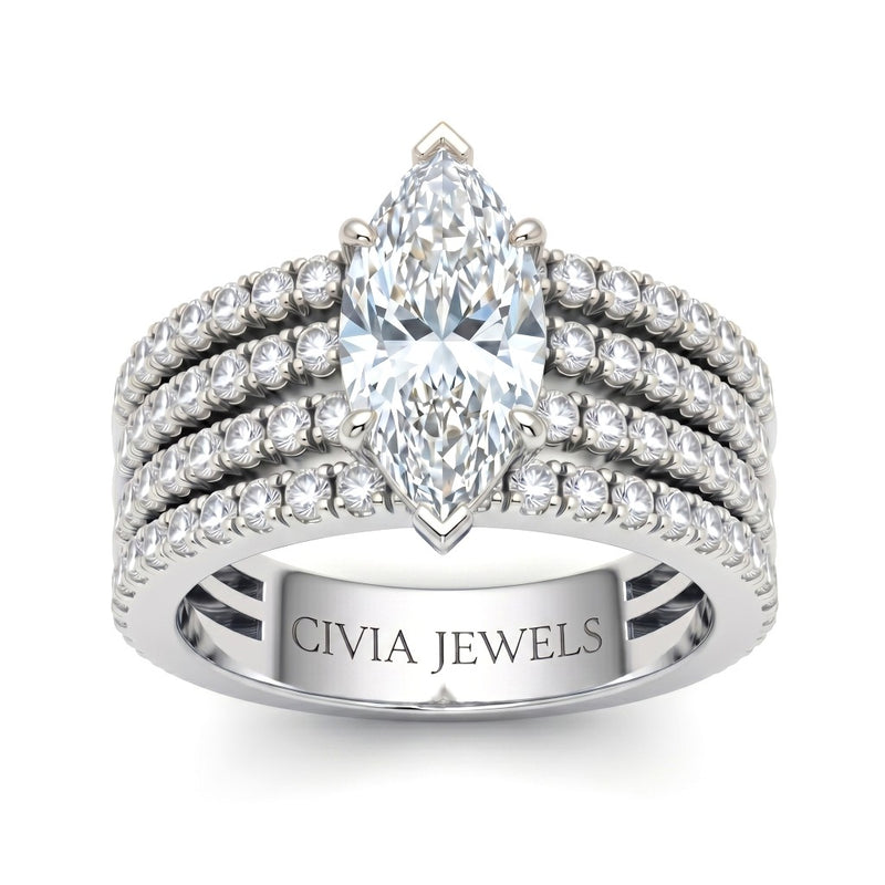 Silver Marquise Diamond Engagement Ring With Multirow Pavé Band