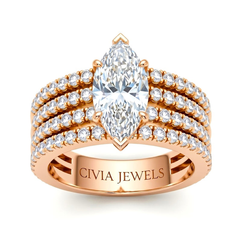 Rose Gold Marquise Diamond Engagement Ring With Multirow Pavé Band