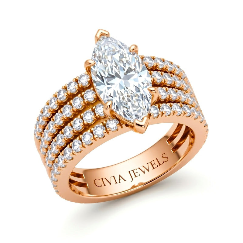 Rose Gold Marquise Diamond Engagement Ring With Multirow Pavé Band