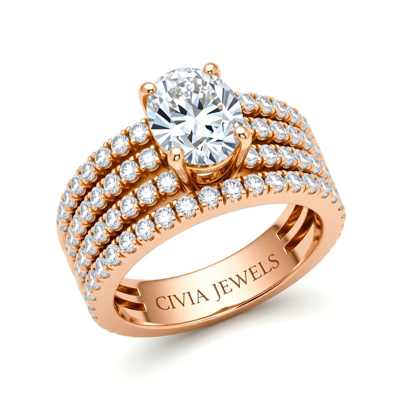 Rose Gold Oval Diamond Engagement Ring With Multirow Pavé Band
