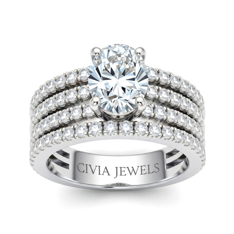 Silver Oval Diamond Engagement Ring With Multirow Pavé Band