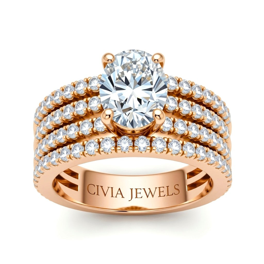 Rose Gold Oval Diamond Engagement Ring With Multirow Pavé Band