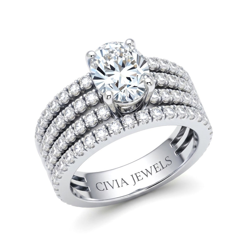 Silver Oval Diamond Engagement Ring With Multirow Pavé Band