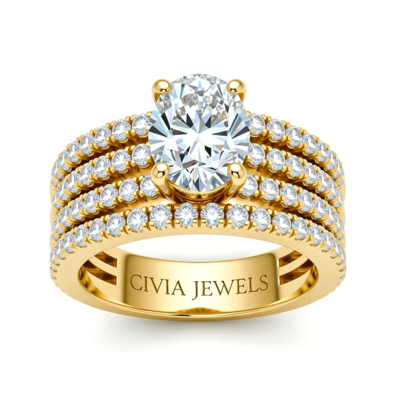 Yellow Gold Oval Diamond Engagement Ring With Multirow Pavé Band