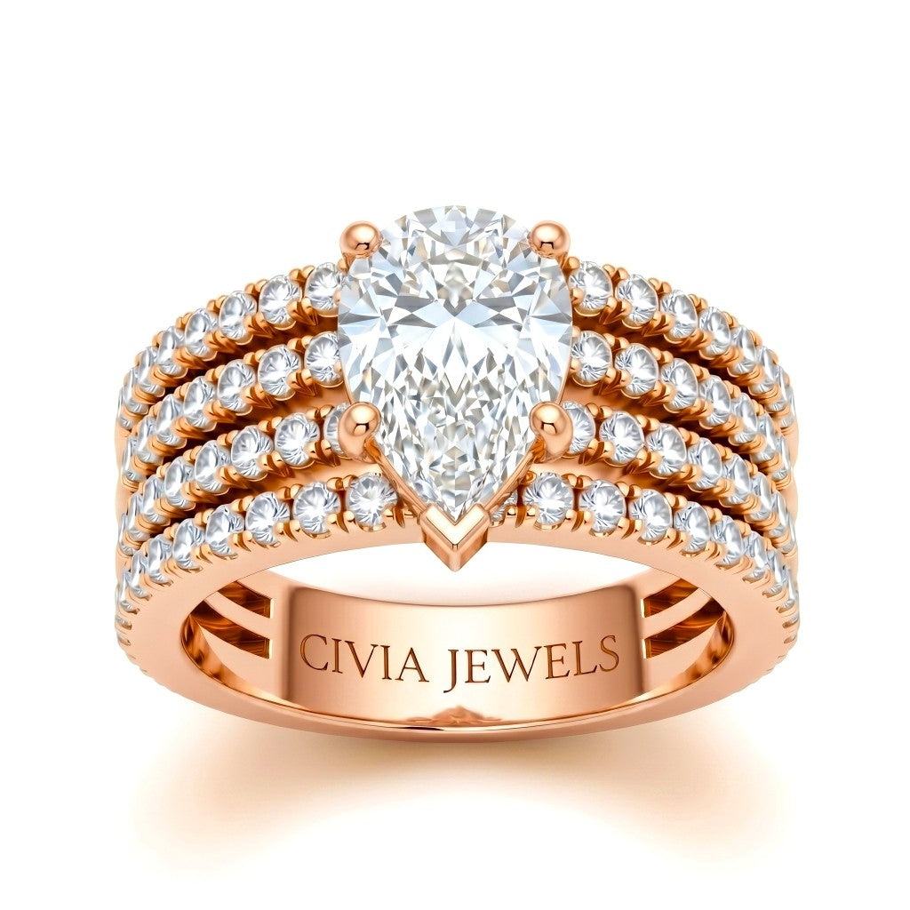 Rose Gold Pear Diamond Engagement Ring With Multirow Pavé Band