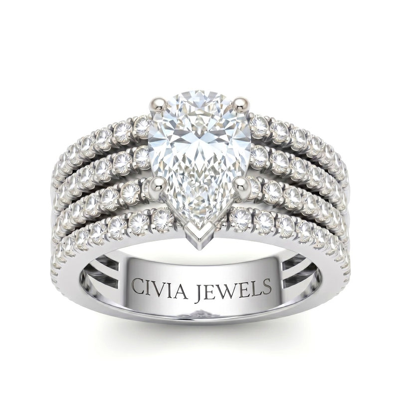 White Gold Pear Diamond Engagement Ring With Multirow Pavé Band