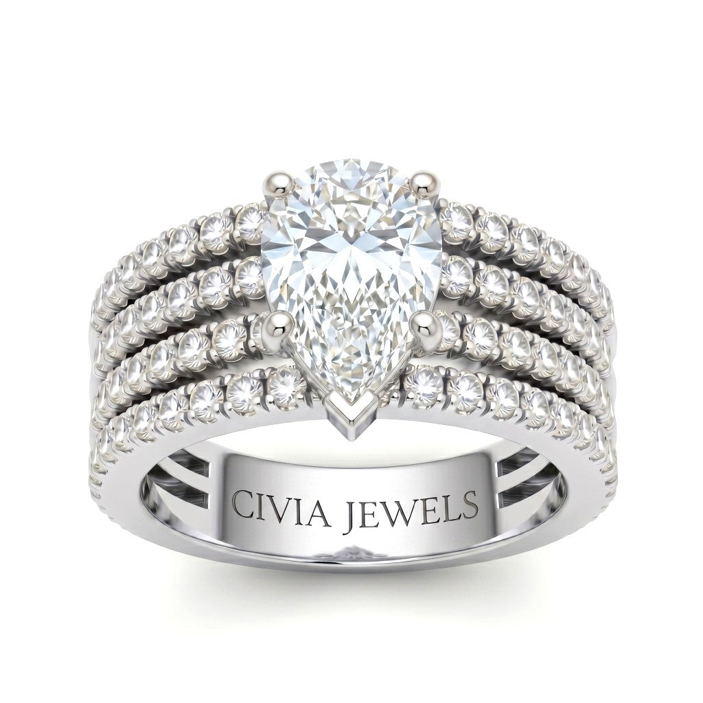 White Gold Pear Diamond Engagement Ring With Multirow Pavé Band