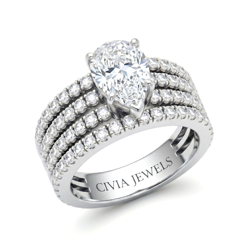 Silver Pear Diamond Engagement Ring With Multirow Pavé Band