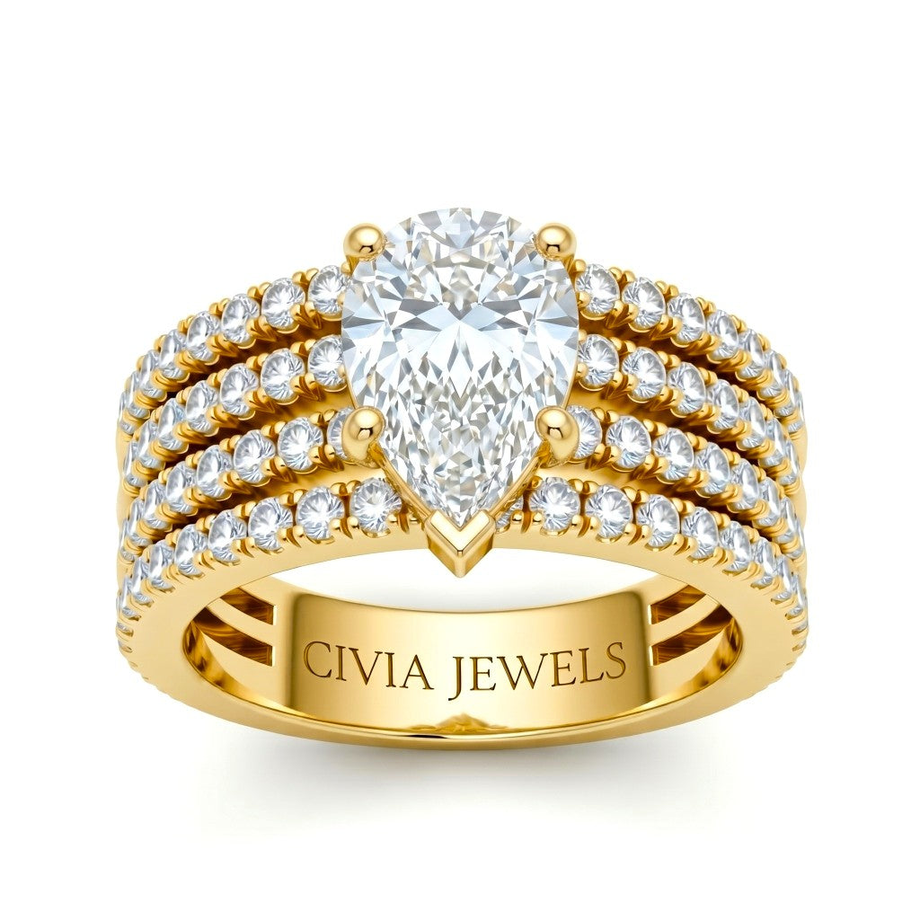 Yellow Gold Pear Diamond Engagement Ring With Multirow Pavé Band