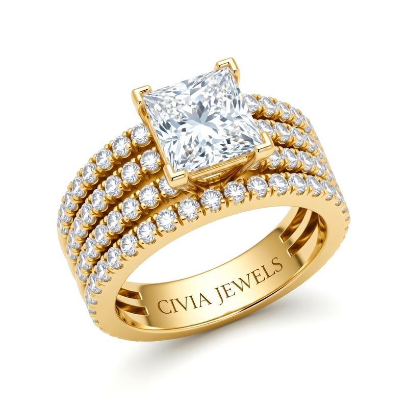Yellow Gold Princess Diamond Engagement Ring With Multirow Pavé Band