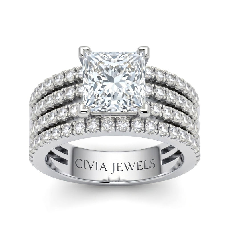 Silver Princess Diamond Engagement Ring With Multirow Pavé Band