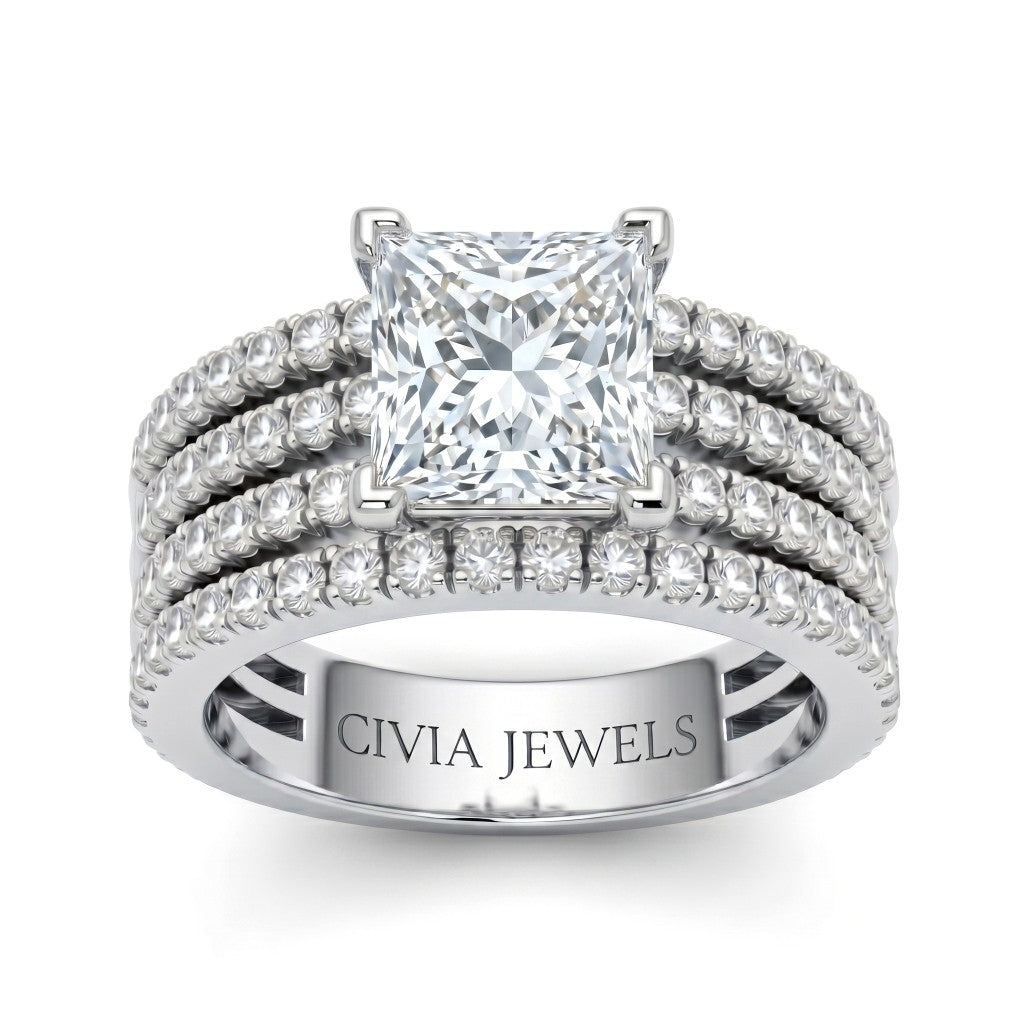 Silver Princess Diamond Engagement Ring With Multirow Pavé Band
