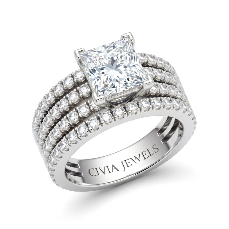 Silver Princess Diamond Engagement Ring With Multirow Pavé Band