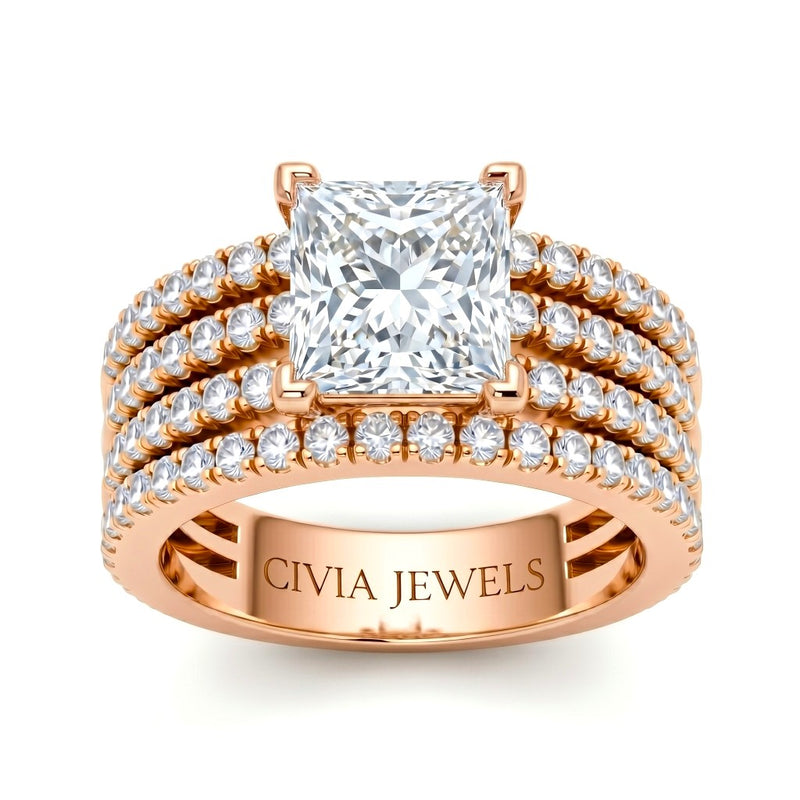 Rose Gold Princess Diamond Engagement Ring With Multirow Pavé Band