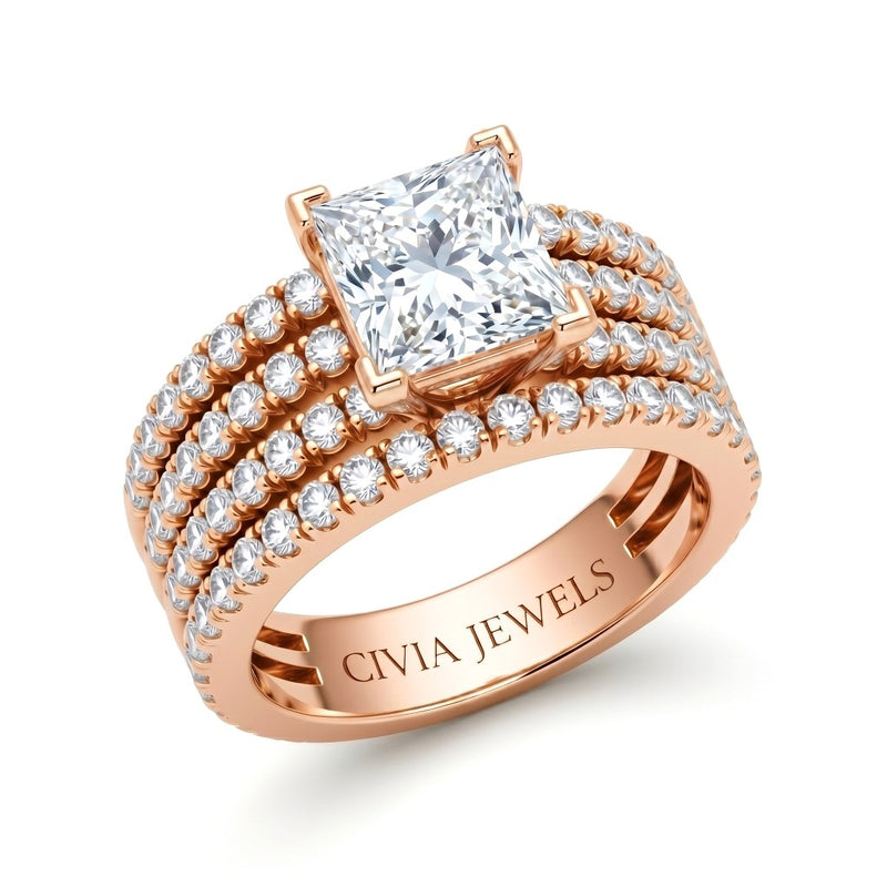 Rose Gold Princess Diamond Engagement Ring With Multirow Pavé Band