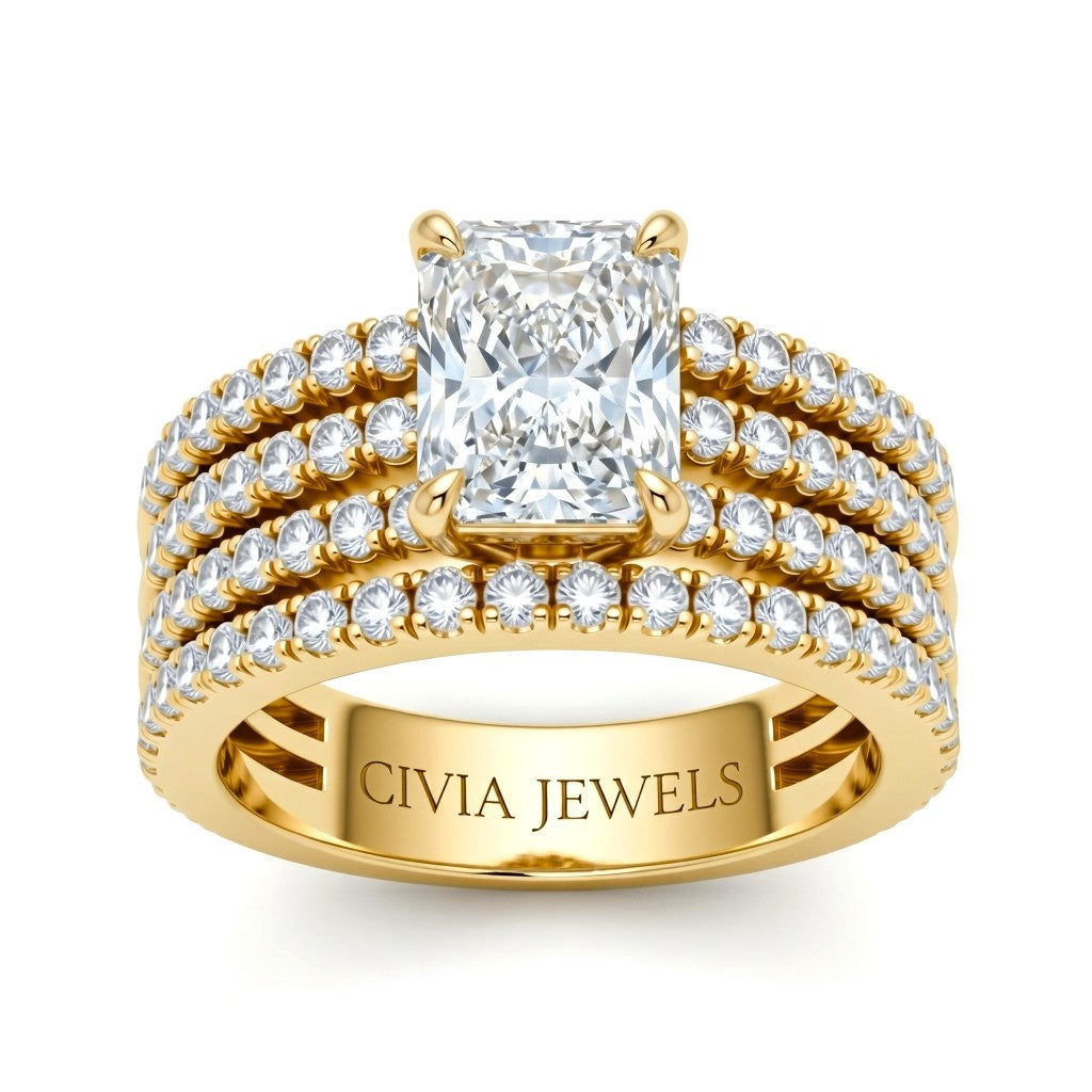 Yellow Gold Radiant Diamond Engagement Ring With Multirow Pavé Band