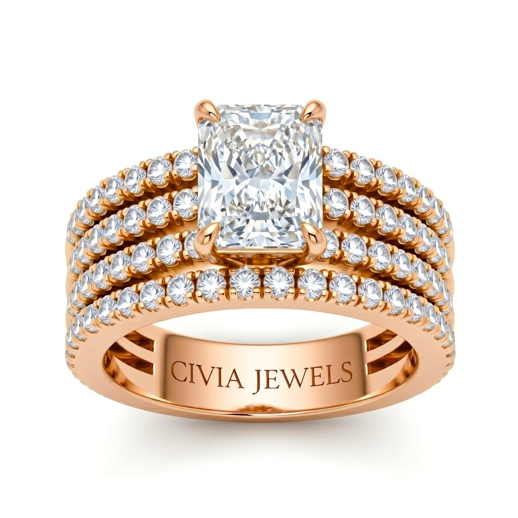 Rose Gold Radiant Diamond Engagement Ring With Multirow Pavé Band