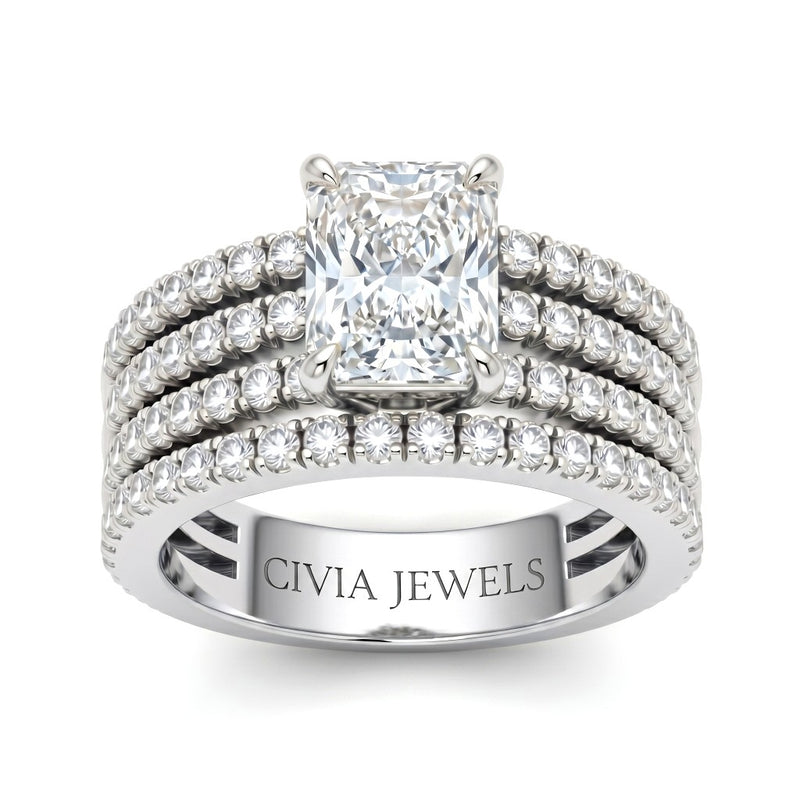 White Gold Radiant Diamond Engagement Ring With Multirow Pavé Band