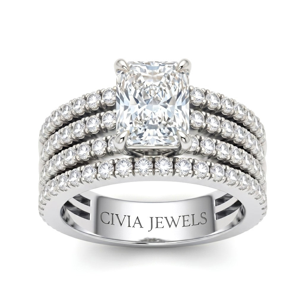 Silver Radiant Diamond Engagement Ring With Multirow Pavé Band