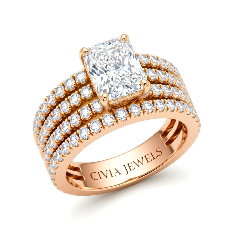 Rose Gold Radiant Diamond Engagement Ring With Multirow Pavé Band