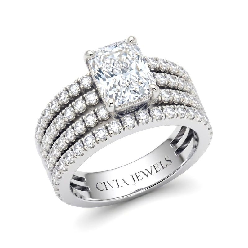 Silver Radiant Diamond Engagement Ring With Multirow Pavé Band